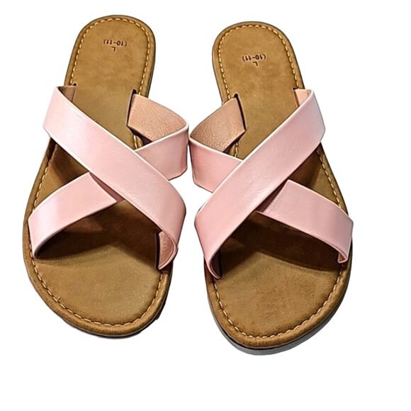 Womens Sz 10/11 Pink Criss-cross Vegan Slide Style Flat Y2K Unbranded Sandal - Picture 1 of 8
